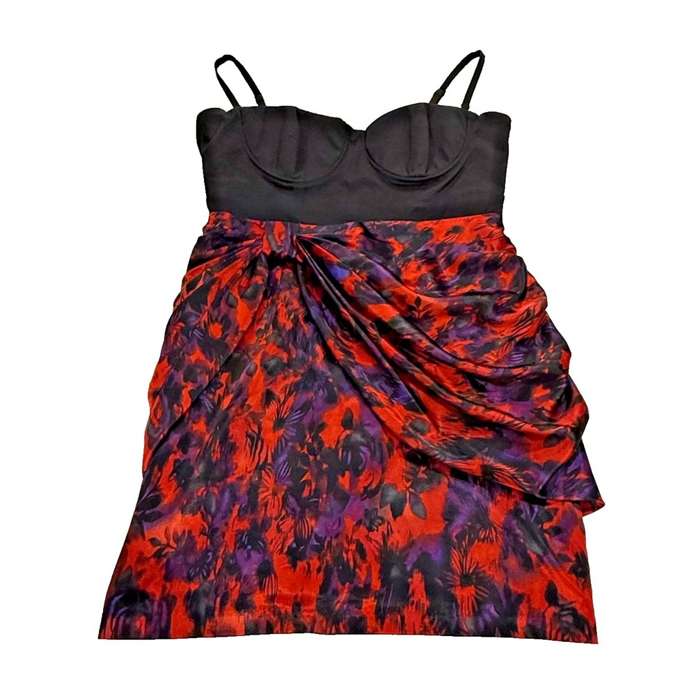 2b bebe‎ Y2K Bustier Top Ruched Dress Black/Red/Floral Removable Straps - Large
